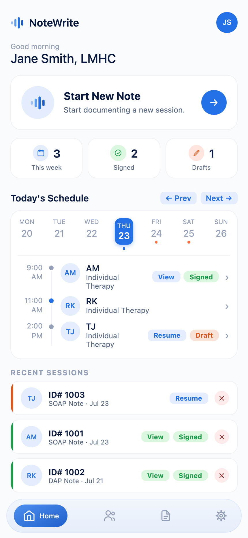 NoteWrite home screen showing today's schedule, recent sessions, and note status for a therapist's caseload