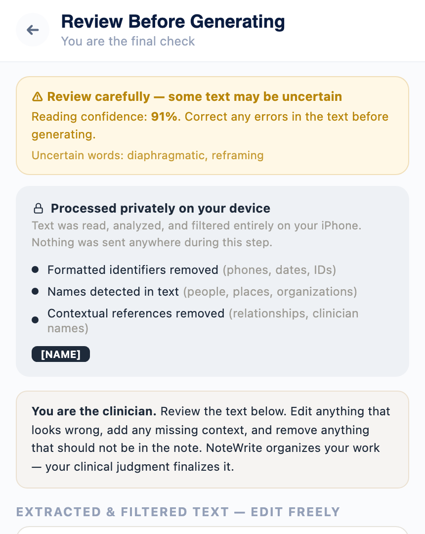 Review Before Generating screen showing on-device redaction of identifying information before AI processing