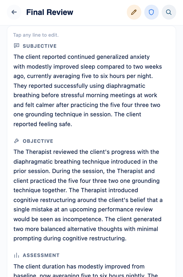 Final review screen showing a complete, editable clinical note ready to sign